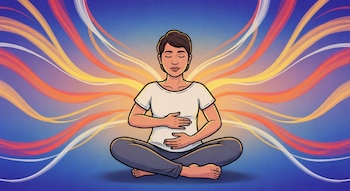 Ilustración de una persona sentada en postura de yoga con los ojos cerrados y manos en el abdomen, rodeada de líneas onduladas de colores vibrantes