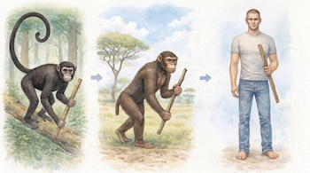 Ilustración acuarela de tres figuras que representan la evolución: un mono con un palo, un chimpancé caminando con un palo y un hombre de pie.
