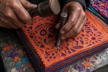 Dos manos sostienen un cincel metálico y un mazo de madera sobre varias capas de papel troquelado de colores con figuras de calavera.