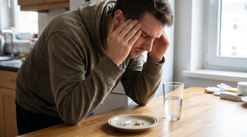 Hombre joven con dolor de cabeza, manos en las sienes, mirando ibuprofeno y paracetamol en un plato, junto a un vaso de agua sobre una mesa de madera.