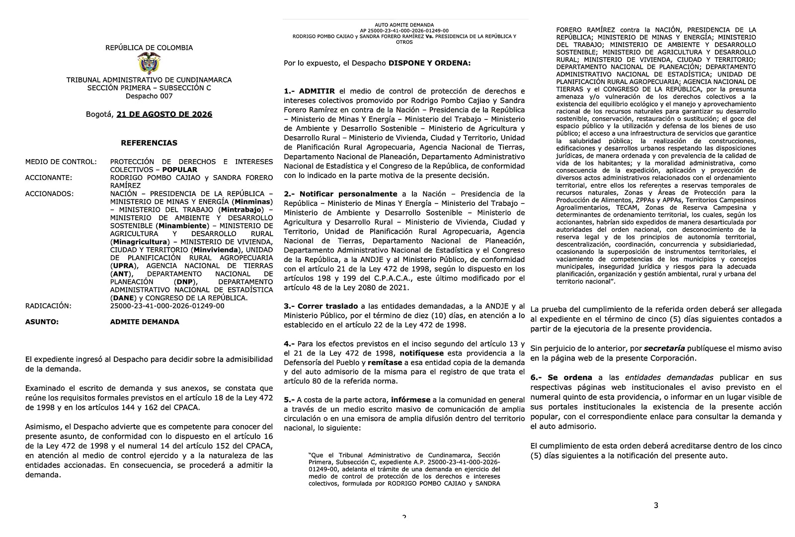 La acción popular presentada contra las reserveas campesinas y otras zonas de protección permite la intervención de cualquier persona interesada - crédito @MCarvajalinoV/X