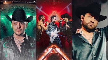 Fotomontaje en tres partes que incluye a Christian Nodal, la banda Camila en un escenario con luces rojas y a Carín León con sombrero.