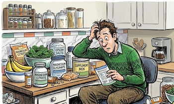Ilustración de un hombre con suéter verde rascándose la cabeza, sentado en una cocina con un mostrador lleno de frascos de suplementos y alimentos