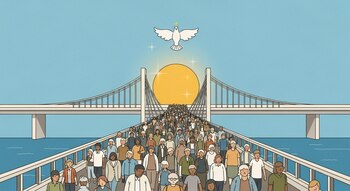 Ilustración de un puente con una multitud diversa de personas caminando hacia un círculo dorado; una paloma blanca con cruz sobrevuela el centro.
