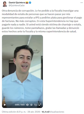 Fraudes y coimas en la salud: Daniel Quintero expuso redes ilegales y pidió denunciar - crédito @QuinteroCalle/X