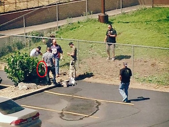 Un arma de fuego visible junto a un arbusto cerca de un grupo de hombres al aire libre. La sombra de un arma de fuego se proyecta en el suelo