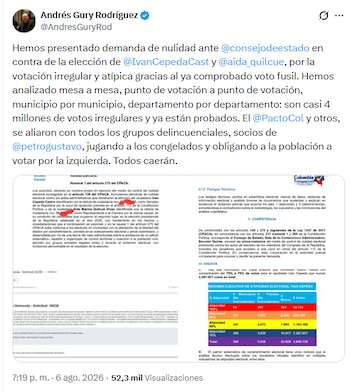 El cuestionamiento judicial presentado por Andrés Gury, concejal de Medellín, se conoció en las horas previas a la posesión del presidente electo, prevista para el viernes 7 de agosto de 2026 en Cali - crédito @AndresGuryRod/X