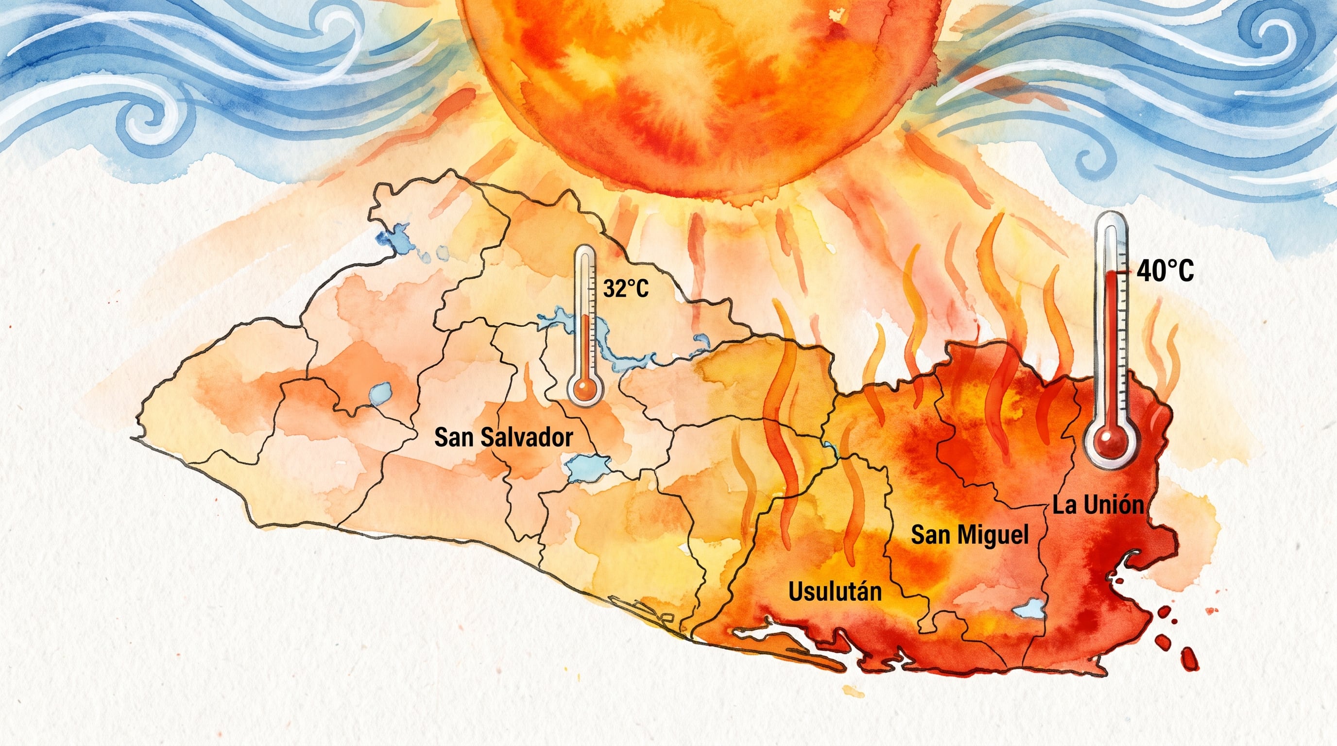 Una ilustración del mapa de El Salvador señala temperaturas de hasta 40 °C en la región oriental bajo el efecto de El Niño. (Imagen Ilustrativa Infobae)