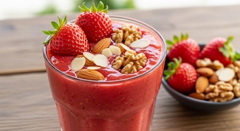 Un batido rojo de fresa en un vaso transparente, adornado con fresas, almendras y nueces, con un cuenco de frutas y frutos secos desenfocado detrás.