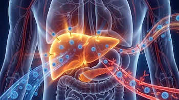 Ilustración 3D del torso humano translúcido con órganos internos y vasos sanguíneos; el hígado brillante muestra receptores y partículas de colesterol LDL.