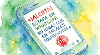 Ilustración en acuarela de un teléfono celular con el texto sobre estafas en WhatsApp y un icono de alto.