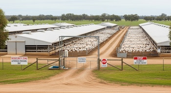 Camino de tierra, dos puertas, tres señales de bioseguridad, vallas metálicas, galpones con aves de corral blancas, pasto verde, árboles.