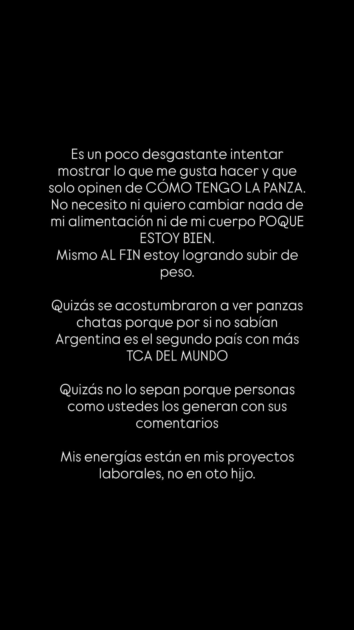 Melody Luz publica un descargo en redes sociales para visibilizar la presión estética y la alta incidencia de Trastornos de la Conducta Alimentaria en Argentina