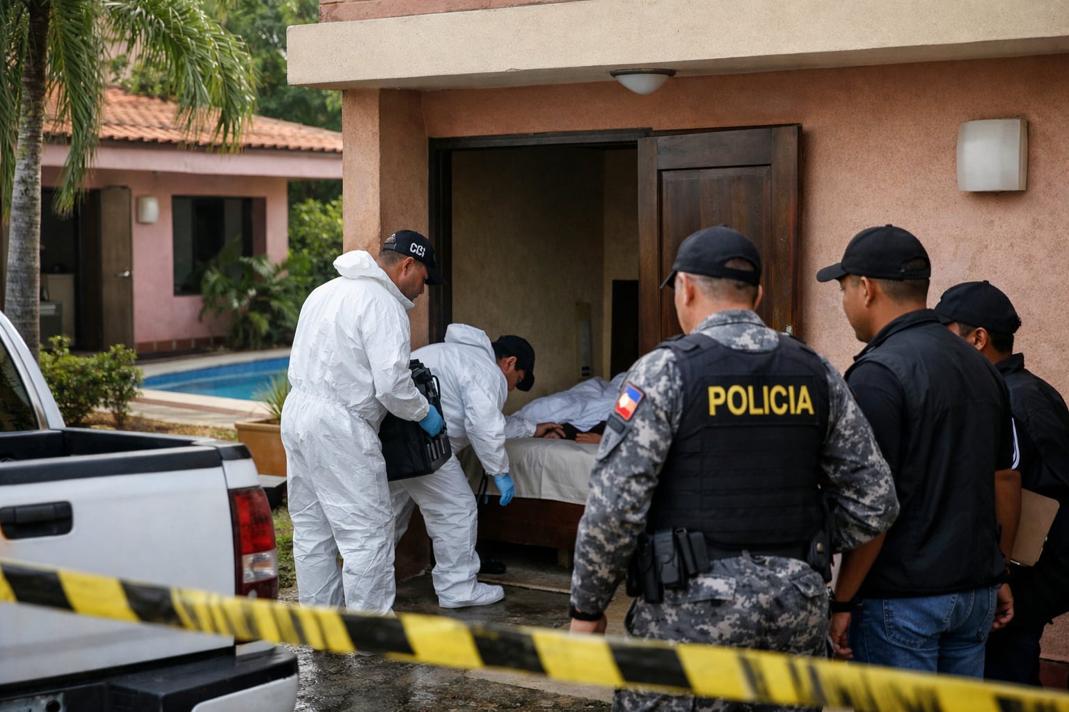 Personal forense y agentes de la Policía Nacional investigan la escena de un presunto feminicidio por envenenamiento en un motel de República Dominicana. (Imagen Ilustrativa Infobae)