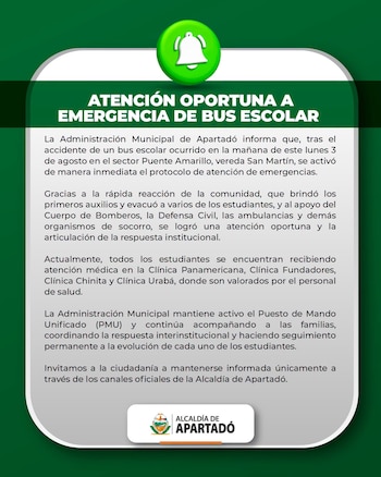 La Administración Municipal mantuvo activo el Puesto de Mando Unificado mientras avanzan los peritajes sobre el bus escolar, cuya documentación y licencia estaban en regla - crédito Alcaldía Apartadó/Facebook