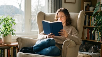 Mujer de mediana edad leyendo un libro azul de tapa dura en un sillón junto a una ventana, con plantas, una estantería y un gato durmiendo.