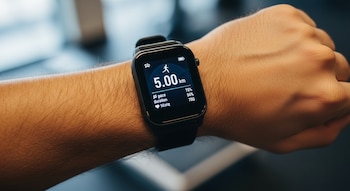 Primer plano de la muñeca de un hombre con un reloj inteligente negro que muestra una aplicación de running con '5.00 km' en la pantalla, sobre un fondo borroso.