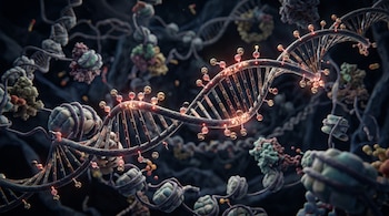 Una hélice de ADN con pequeñas marcas esféricas iluminadas y marcadas con CH3, rodeada de proteínas y estructuras moleculares.