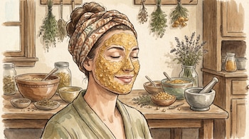 Ilustración de una mujer con mascarilla facial de garbanzo y turbante. Los ojos cerrados, rodeada de boles con ingredientes naturales y hierbas secas colgadas.