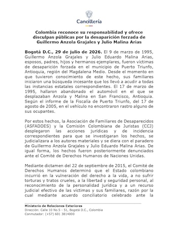 Este es el comunicado oficial en el que el Estado colombiano reconoció los casos de desaparición forzada - crédito Cancillería