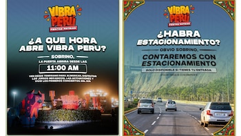 Dos afiches informativos. El primero presenta el horario de apertura del festival Vibra Perú y una foto de un escenario. El segundo informa sobre el estacionamiento y una carretera con coches