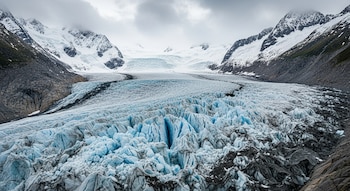 Glaciar de avance rápido con grandes bloques de hielo azulado y grietas profundas descendiendo entre montañas nevadas. El cielo está cubierto de nubes grises.