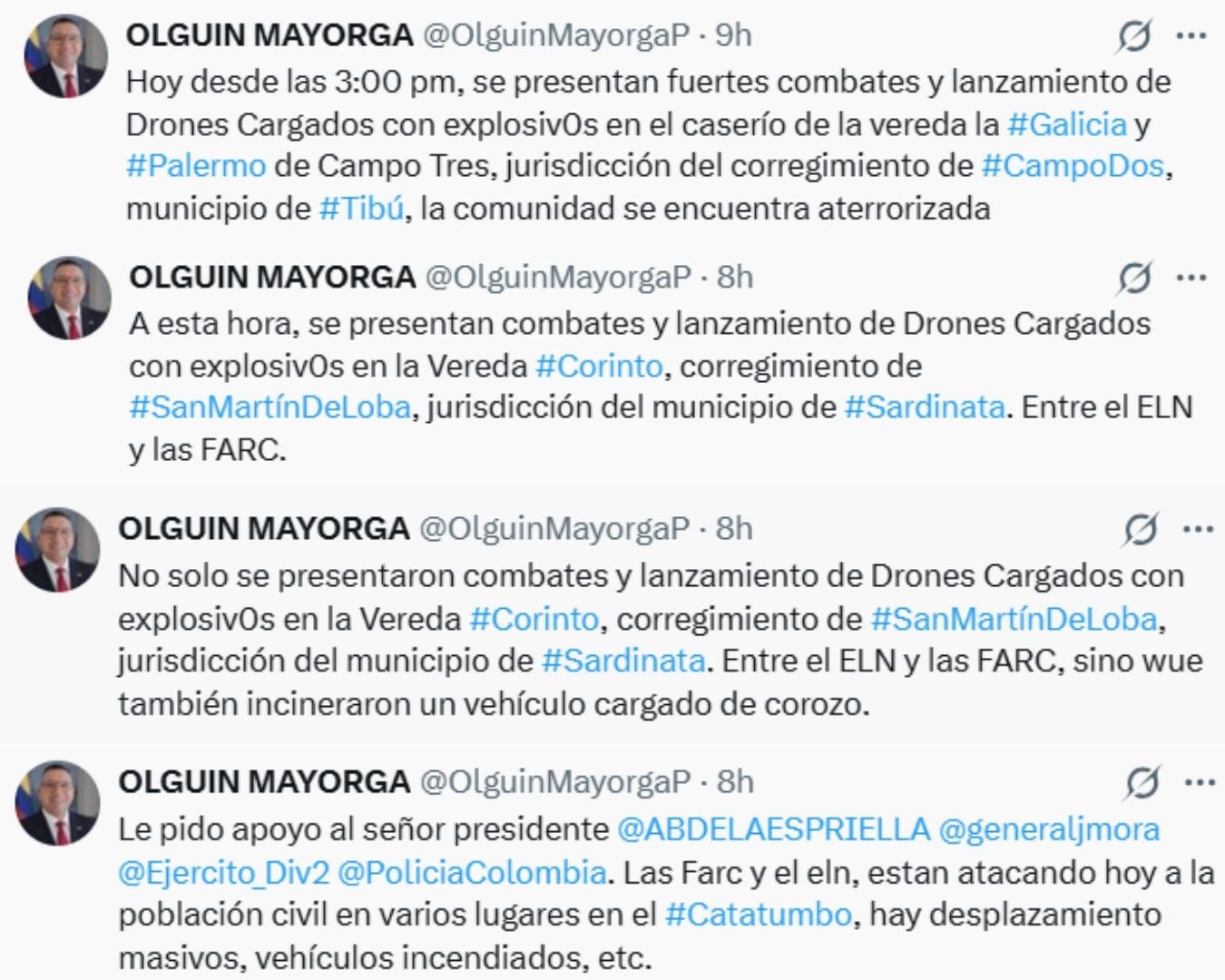 Olguín Mayorga, presidente de la Asociación Nacional de Víctimas del Conflicto Armado, denunció combates y ataques con drones cargados con explosivos en zonas rurales del Catatumbo y pidió medidas de protección para la población civil. - crédito @OlguinMayorgaP/X