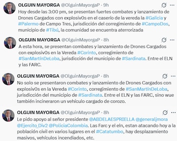 Olguín Mayorga, presidente de la Asociación Nacional de Víctimas del Conflicto Armado, denunció combates y ataques con drones cargados con explosivos en zonas rurales del Catatumbo y pidió medidas de protección para la población civil. - crédito @OlguinMayorgaP/X