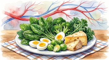 Ilustración acuarela de un plato con espinacas, brócoli, col rizada, coles de Bruselas, huevos cocidos y queso, con un fondo de vasos sanguíneos.
