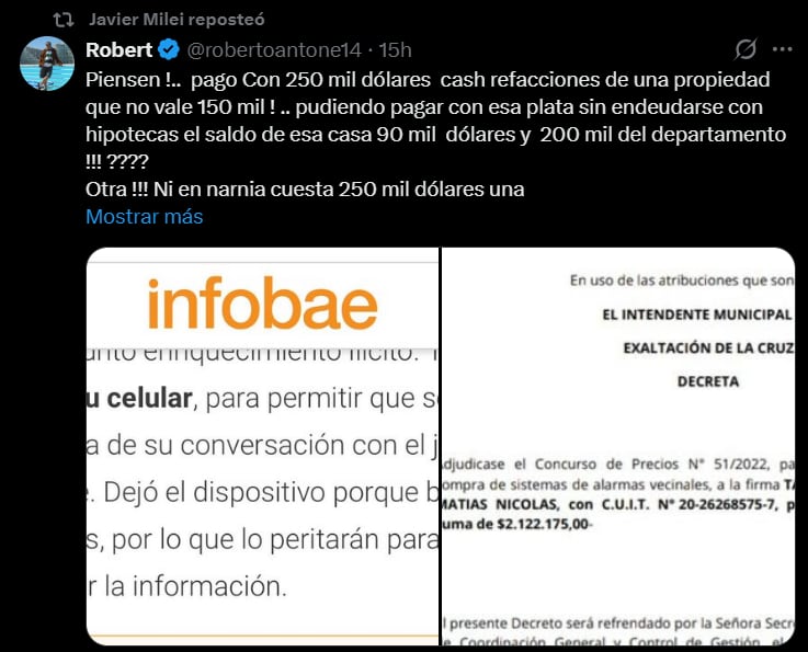 El tuit con el que Javier Milei volvió a apuntar contra la explicación del contratista de Adorni