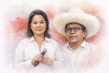 Pintura en acuarela de Keiko Fujimori sosteniendo un micrófono, junto a Roberto Sánchez con sombrero de ala ancha y gafas, ambos con camisas blancas.