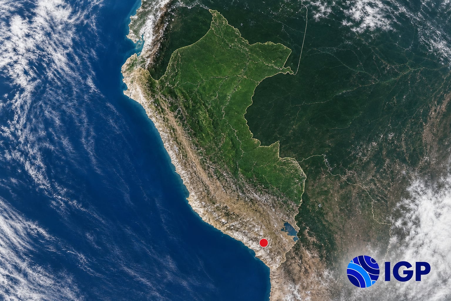 Un mapa satelital del territorio peruano difundido por el Instituto Geofísico del Perú señala con un punto rojo la región de Moquegua. (Imagen Ilustrativa Infobae)