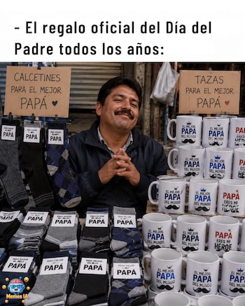 Un hombre de bigote sonríe detrás de un puesto con montones de calcetines y tazas blancas con mensajes sobre el Día del Padre. Hay carteles de cartón