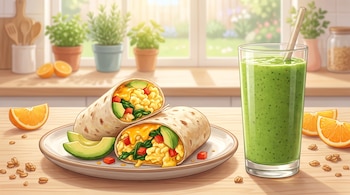 Dos burritos de desayuno abiertos con huevo, queso, vegetales; batido verde con pajita en vaso; rodajas de naranja, aguacate y granos sobre mesa de madera.