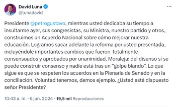 El senador David Luna invitó al presidente a llegar a acuerdos - crédito red social X