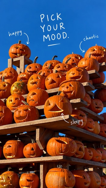 Calabazas anaranjadas talladas sobre estantes de madera al aire libre bajo un cielo azul con textos sobreimpresos en idioma inglés