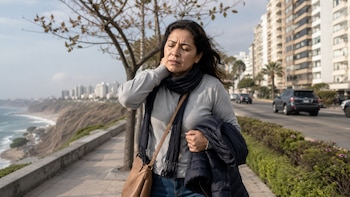 Mujer con suéter gris y bufanda oscura se toca el cuello con gesto de dolor en una calle costera de la ciudad, con edificios y el mar de fondo