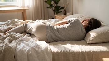 Una mujer acostada de lado sobre una cama con sábanas claras se cubre el rostro con la mano en un dormitorio iluminado por el sol