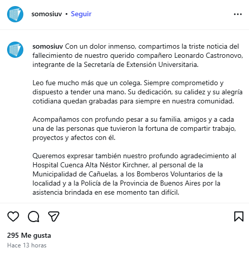 Condolencias del Instituto Universitario Policial Provincial Juan Vucetich, donde trabajaba la víctima