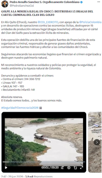 Ejército y Policía neutralizaron infraestructura minera del Clan del Golfo en el Río Quito - crédito @PedroSanchezCol/X