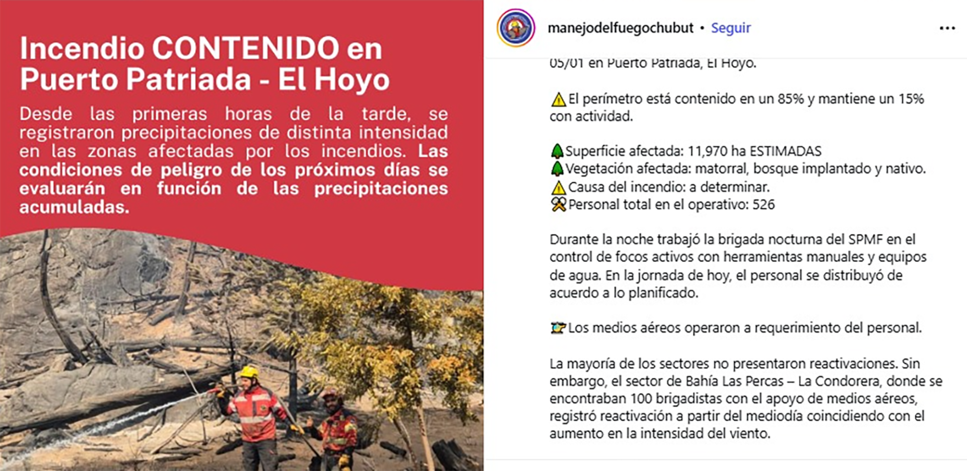 El reporte más reciente del Servicio Provincial de Manejo del Fuego, en Chubut