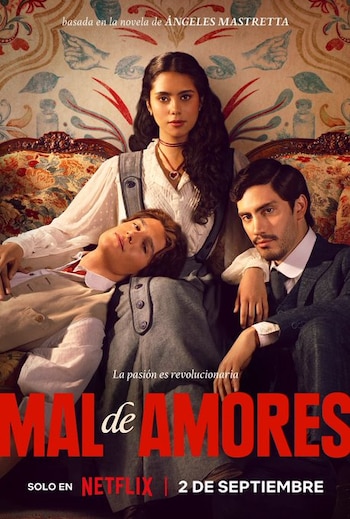 Cartel de película con una mujer central sentada, un hombre recostado en su regazo y otro hombre sentado a su derecha. Fondo de papel tapiz