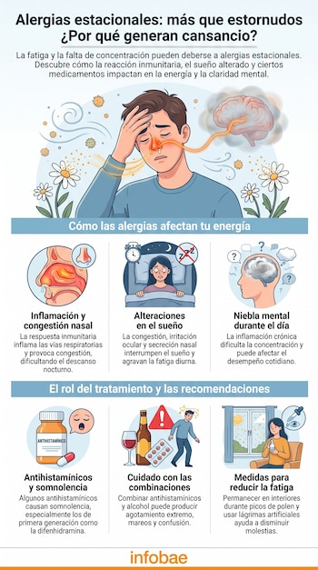 Infografía sobre alergias estacionales con imágenes de un hombre afectado por polen, síntomas como nariz congestionada e insomnio, y medidas de tratamiento.