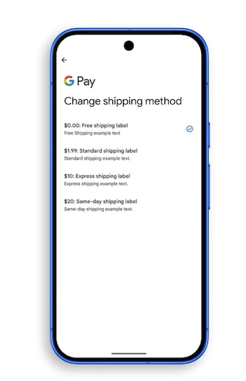 Un teléfono móvil azul exhibe la aplicación Google Pay con la pantalla 'Cambiar método de envío' y sus opciones: gratuito, estándar, express y el mismo día