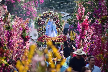Una estatua de la Virgen María con el niño Jesús en un altar floral, transportada en procesión por una calle decorada con abundantes flores de colores vibrantes