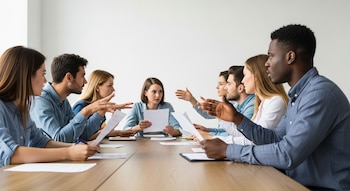 Vista de un grupo de hombres y mujeres sentados a una mesa larga en una oficina de paredes blancas, discutiendo con papeles en mano y sobre la mesa.