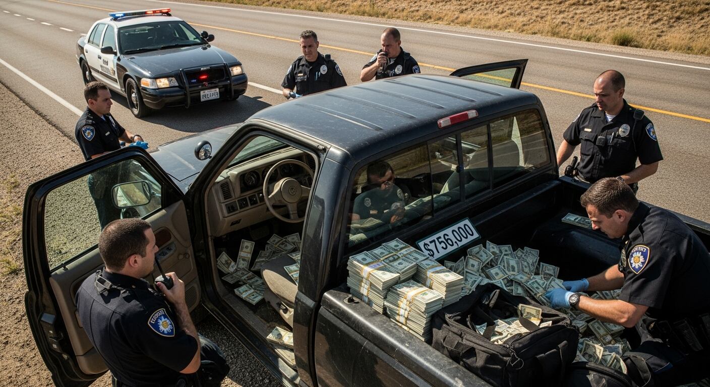 Oficiales de policía inspeccionan una camioneta negra llena de fajos de billetes, totalizando $756,000, decomisados durante un operativo contra el lavado de dinero del narcotráfico. (Imagen Ilustrativa Infobae)