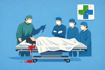 Ilustración de una paciente en quirófano con sangre. Cuatro figuras médicas la rodean, una con un bisturí amenazante. Un logo de clínica agrietado en la pared.