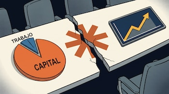 Una mesa dividida por una grieta con un gráfico circular etiquetado como capital y trabajo, un símbolo de asterisco y una pantalla digital.