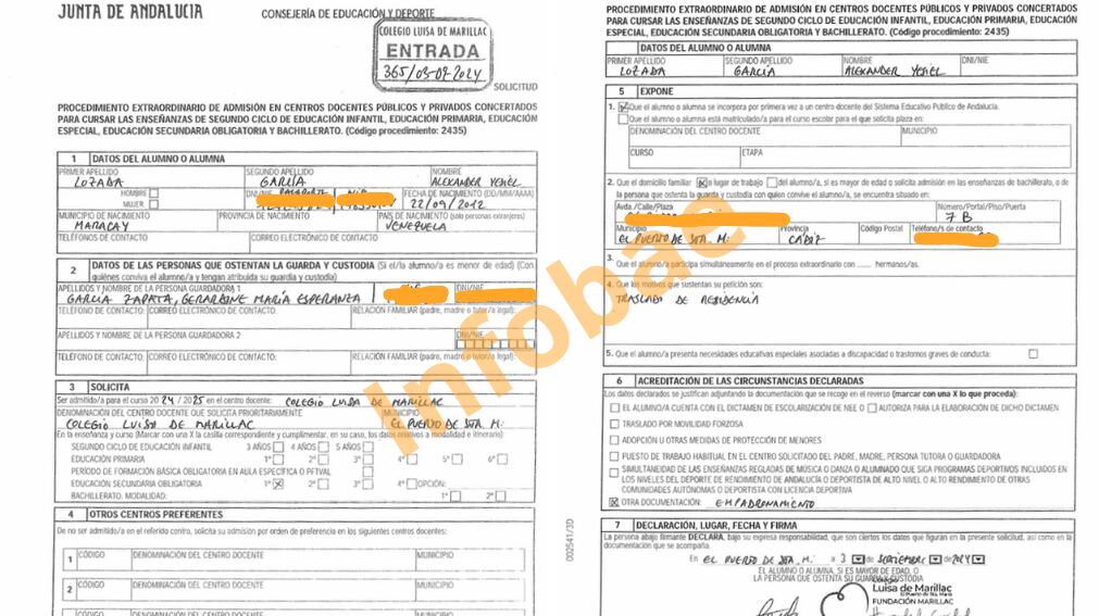 Solicitud de cambio de colegio de Alexander. (Imagen cedida)